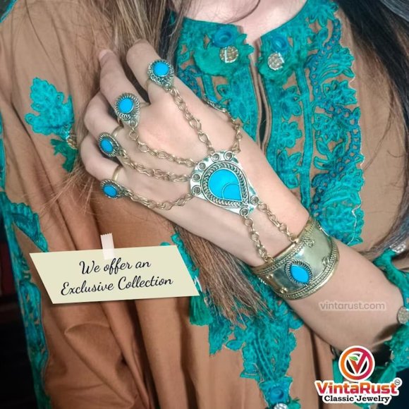 Single Vintage Slave Turquoise Bracelet, Handmade Bracelet with Rings, Afghan - Picture 6 of 10